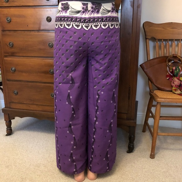 100% Silk Wrap Pants Purple/Cream-Grey - Picture 4 of 6